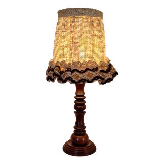 Vintage Table Lamp with Chestnut Wood Base and Wool Shade, 1970s For Sale
