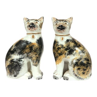 Pair of Staffordshire Pottery Seated Calico Cats For Sale