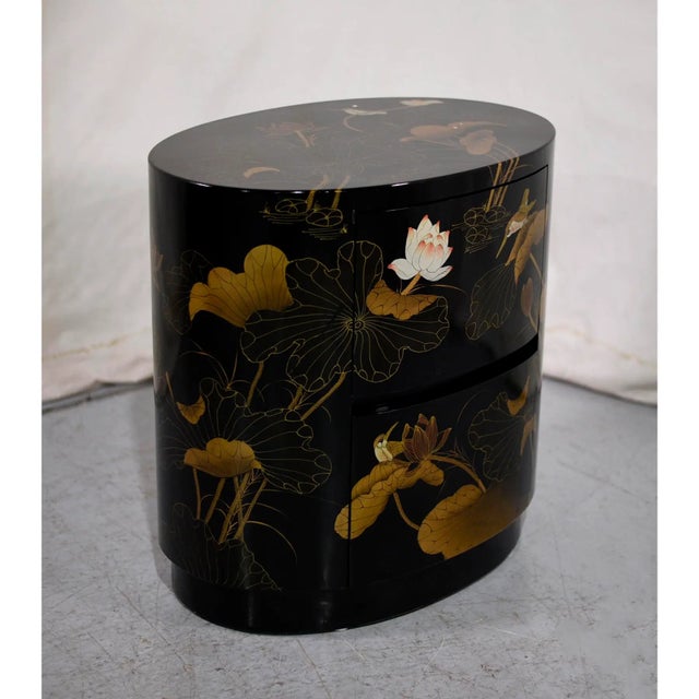 1970s Vintage Chinoiserie Oval 2 Drawer Chest With Birds & Lotus For Sale - Image 4 of 9
