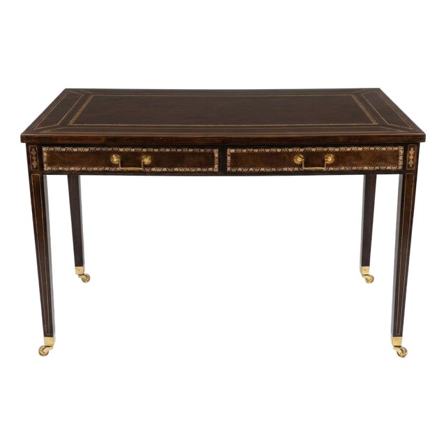 Maitland-Smith Leather Writing Table With Embossed Gilded Decoration For Sale
