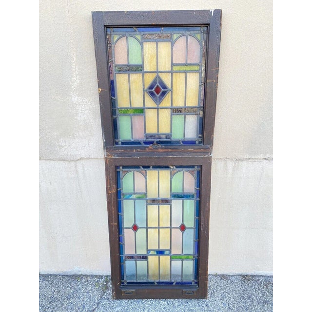 Antique Art Deco Leaded Stained Glass Pink Green Blue Yellow Windows - (2) Pair For Sale - Image 12 of 13