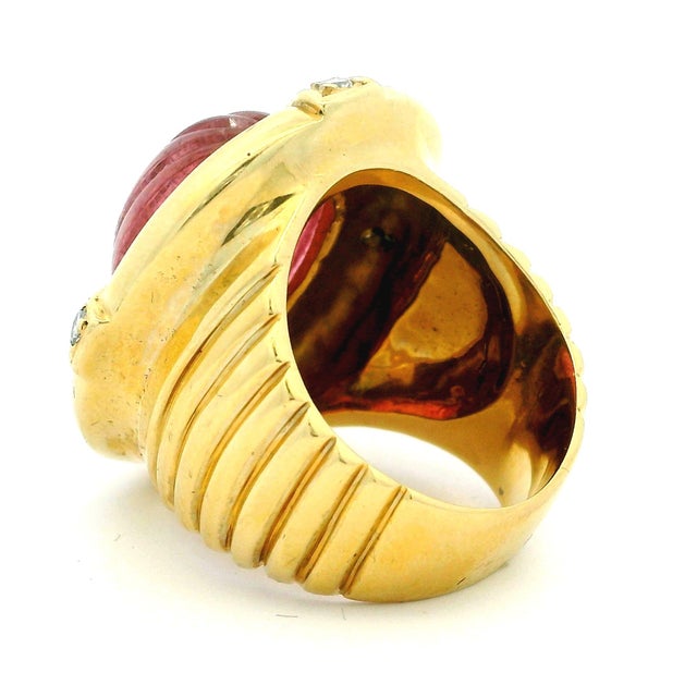 Metal Vintage Italian 18k Gold Carved Rubellite Tourmaline Diamond Bombe Ring, Size 7 For Sale - Image 7 of 10