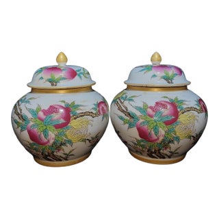 Pair of Chinese Famille Rose Porcelain Covered Jars With Peach & Finger Citron Motif For Sale