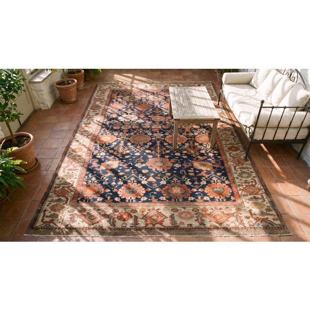 1880s Blue Navy Harshang Persian Bibikabad Rug 10'7" X 14'9" Handknotted Wool Carpet For Sale - Image 9 of 10