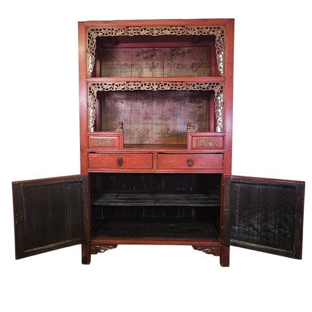 Chinoiserie Antique Chinese Red Lacquer Scholar Cabinet With Carved Fretwork, 75.5", Late Qin G / Early Republic For Sale - Image 3 of 18