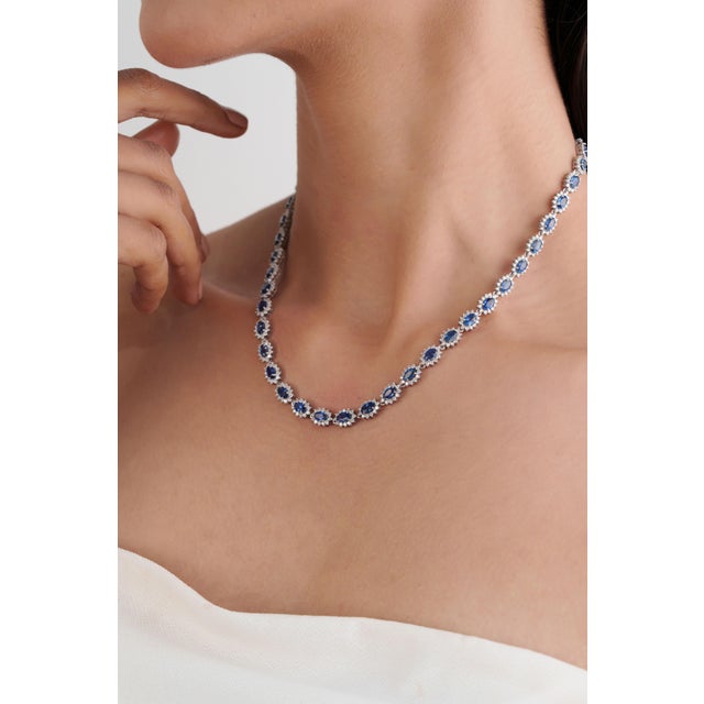 Not Yet Made - Made To Order Estate Blue Sapphire Diamond Art Deco Tennis Necklace in 18k White Gold For Sale - Image 5 of 16
