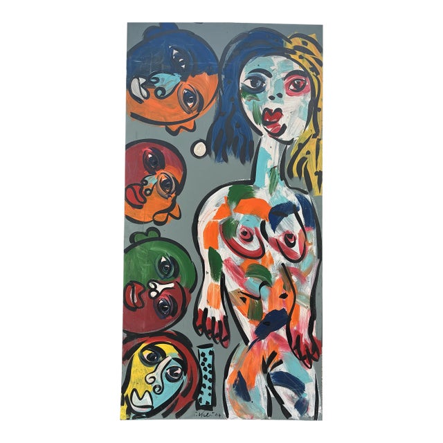 Late 20th Century Peter Keil Large-Scale Abstract Nude Figure With Faces, Acrylic Painting on Board For Sale