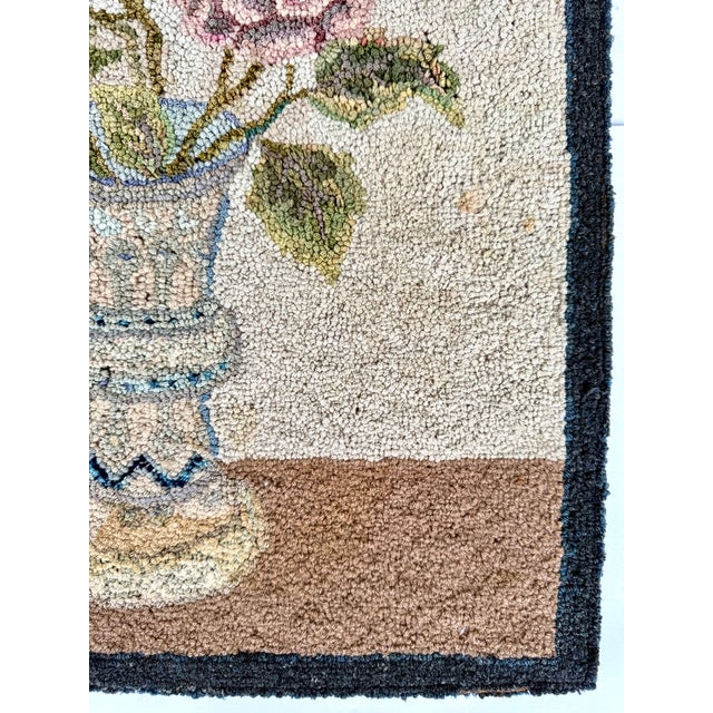 American Floral Hooked Rug Wall Hanging With Roses and Delft-Style Vase, Circa 1930’s For Sale - Image 11 of 18