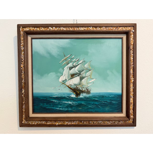 Original Oil Painting by Listed Artist Hewett R. Jackson (1914–2007) – Sailing Ship at Sea Framed Maritime Seascape |...