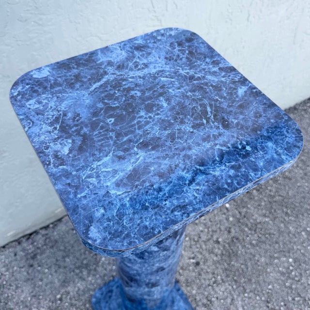 Postmodern Vintage Postmodern Faux Blue Marble Architectural Pedestal Plant Stand For Sale - Image 3 of 5