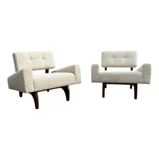Set of Square Armchairs with Wooden Base and White Bouclé Fabric, 2000s For Sale