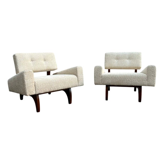 Set of Square Armchairs with Wooden Base and White Bouclé Fabric, 2000s For Sale