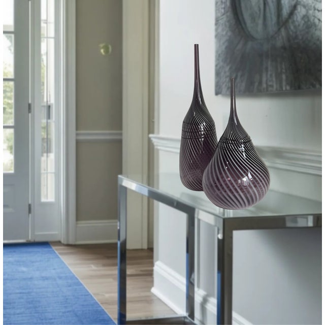 24 + In. Murano Style Purple White Applied Black Swirl Bulbous Art Glass Vase Set of 2 For Sale - Image 13 of 14