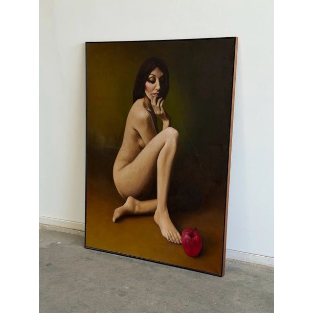 W45 H60 D2 Vintage figurative oil painting titled Eve’s Apple. The artist is unknown. The frame is handmade. Both painting...