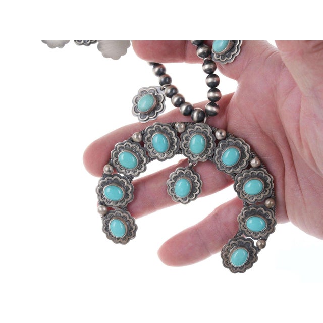 Danny Clark Navajo (1946-2021) Sterling/turquoise squash blossom necklace For Sale - Image 4 of 5