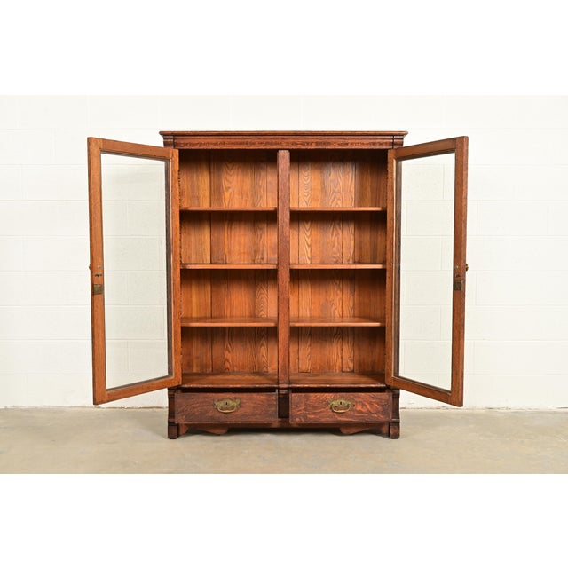 Late 19th Century Antique Victorian Carved Oak Two-Door Bookcase, Circa 1890s For Sale - Image 5 of 15