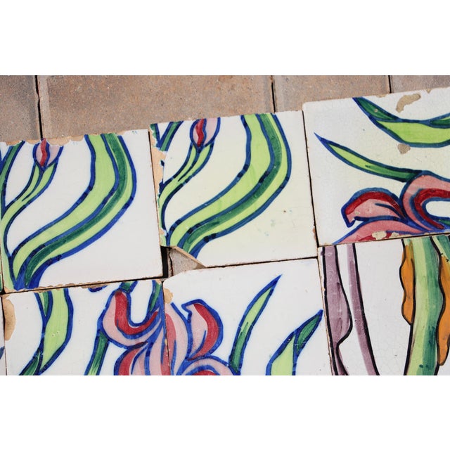 Antique White 1900s Antique Portuguese Art Nouveau Assembled Group of 15 Tiles With Stylized Iris Motif For Sale - Image 8 of 14