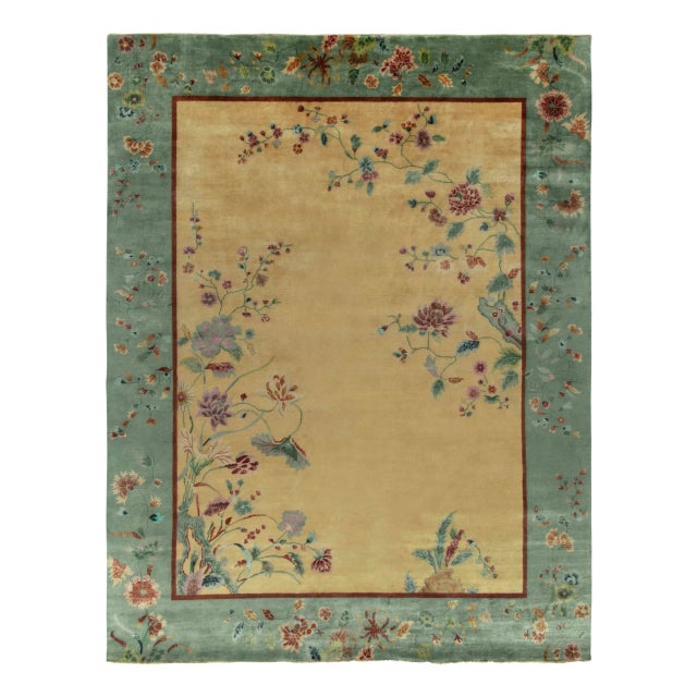 Textile Rug & Kilim Chinese Deco style Rug with Teal Border, Gold Field & Florals - 10'x14' For Sale - Image 7 of 7