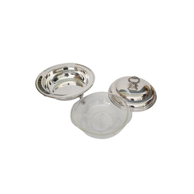 Hollywood Regency Vintage Silver Serving Dish – 3-Piece – Ornate Handle – Scrolled Legs – Pyrex Insert – 12" For Sale - Image 3 of 7