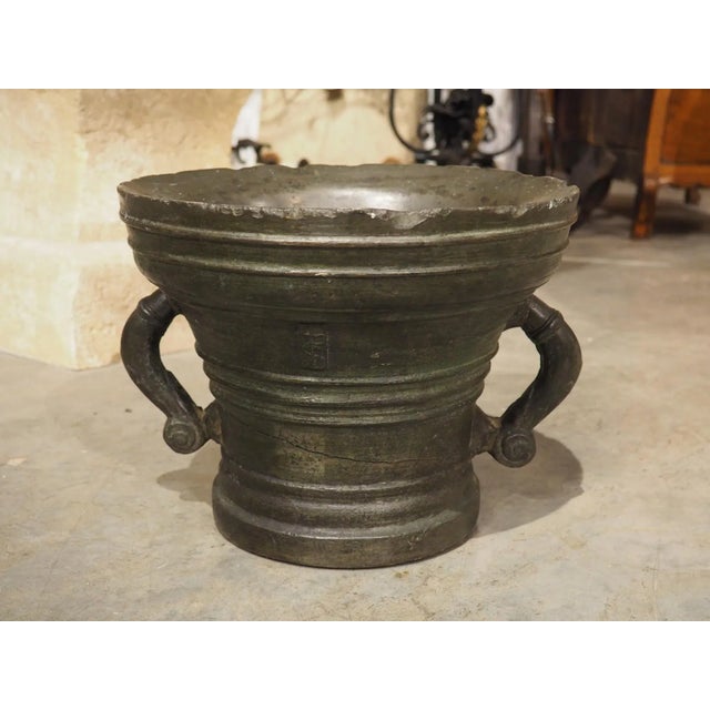 French Heavy 16th Century French Bronze Mortar With Handles, Dated 1587, 109 Lbs For Sale - Image 3 of 12