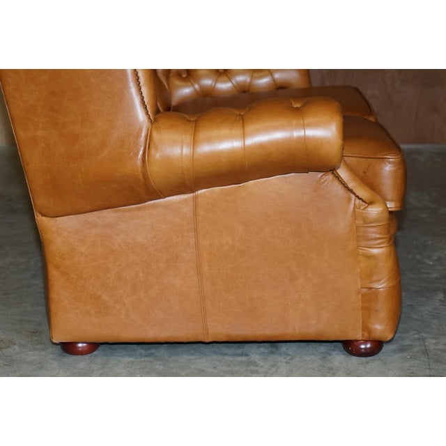 Small Wide Tan Leather Tufted Chesterfield Sofa with High Back For Sale - Image 14 of 18