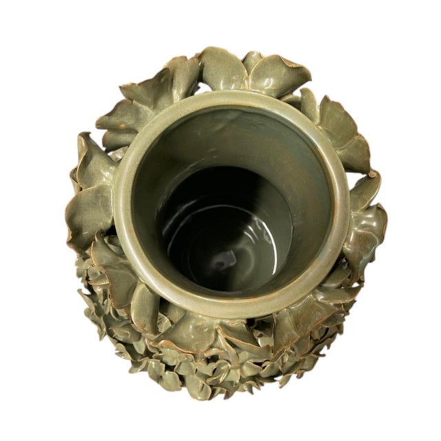 Vintage Italian 20" Encrusted Floral Ceramic Urn Vases - Pair in Muted Sage Green For Sale In West Palm - Image 6 of 12