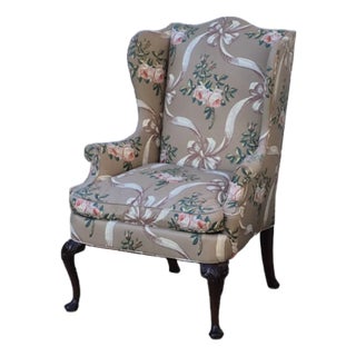 Late 20th Century Hickory Chair Cocoa Brown Rose and Ribbon Pattern Wing Back Arm Chair For Sale