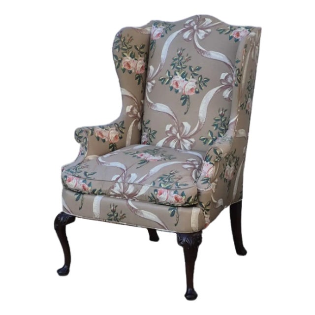 Late 20th Century Hickory Chair Cocoa Brown Rose and Ribbon Pattern Wing Back Arm Chair For Sale