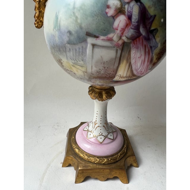 Early 20th Century French Sevres Painted Porcelain & Champleve Enamel Lidded Vase For Sale - Image 4 of 13