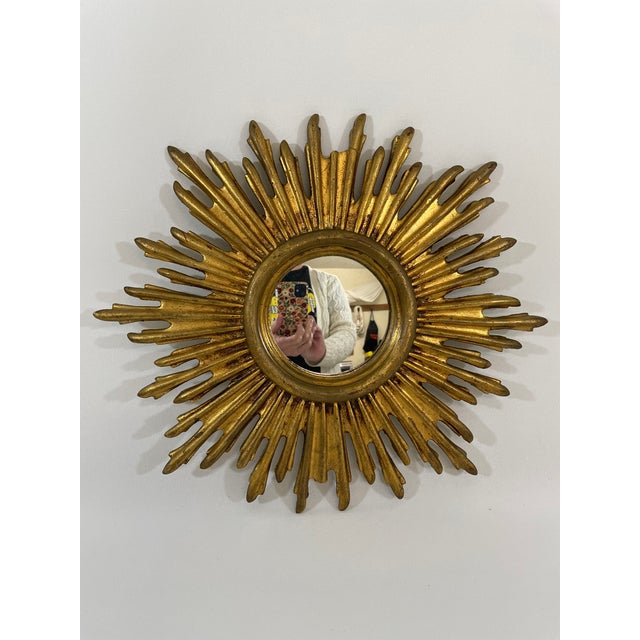 Glass Vintage 1970s French Gilded 13.5" Sunburst Wall Mirror For Sale - Image 7 of 18