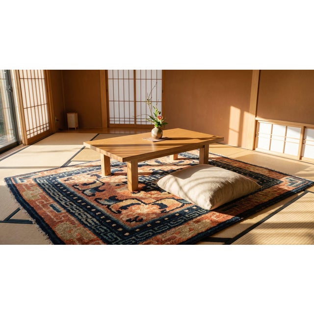 Wonderful Brick Red Background With Special Blue and Beige Color Geometric Desing Antique Chinese Ningxia Rug For Sale - Image 13 of 13