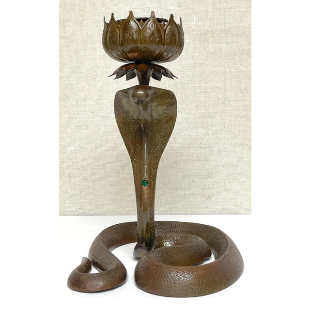 Late 19th Century 19th Century Anglo, Indian Engraved & Jeweled Bronze Cobra Candlestick For Sale - Image 5 of 13
