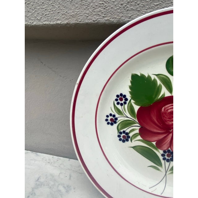 French Country 19th Century French Faience Rose Plate Sarreguemines For Sale - Image 3 of 4