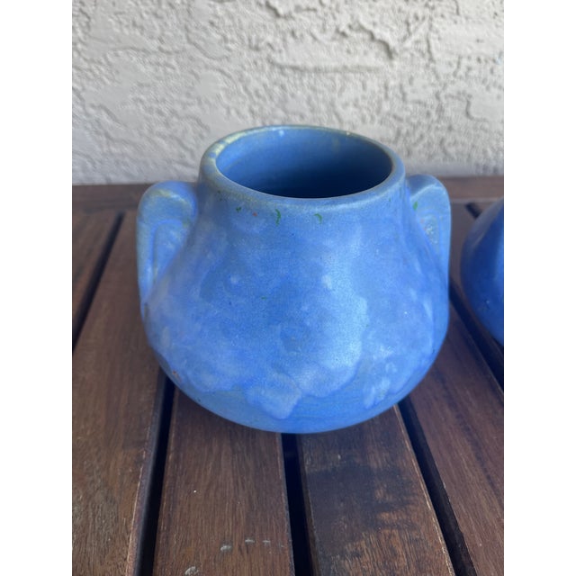 Folk Art Pottery Brush McCoy Vellum Blue Glaze Fawn Vases - Pair For Sale In Santa Fe - Image 6 of 7