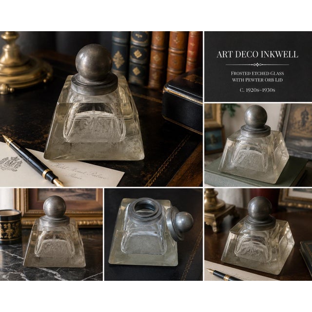 Exceptional antique Art Deco inkwell featuring a bold architectural square form in smoky frosted glass with delicate...