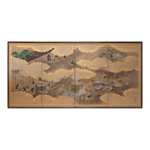 "Sake Brewery", Heisei Era Japanese Yamato-E Byobu Screen