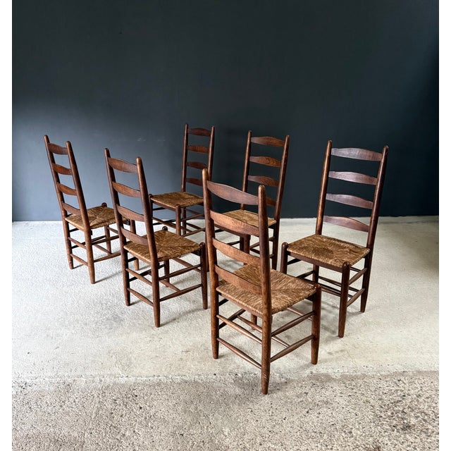 Rustic High Ladder Back Oak and Rush Dining Chairs, Belgium, 1950s, Set of 6 For Sale - Image 6 of 18