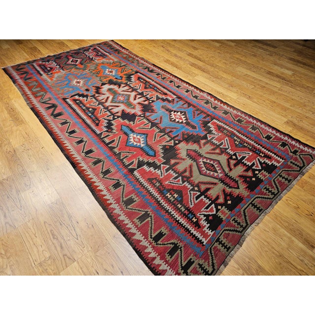 Antique Caucasian Kazak Kilim, Handwoven Wool, Geometric Design, Terracotta & Turquoise, 6x11 For Sale - Image 15 of 18