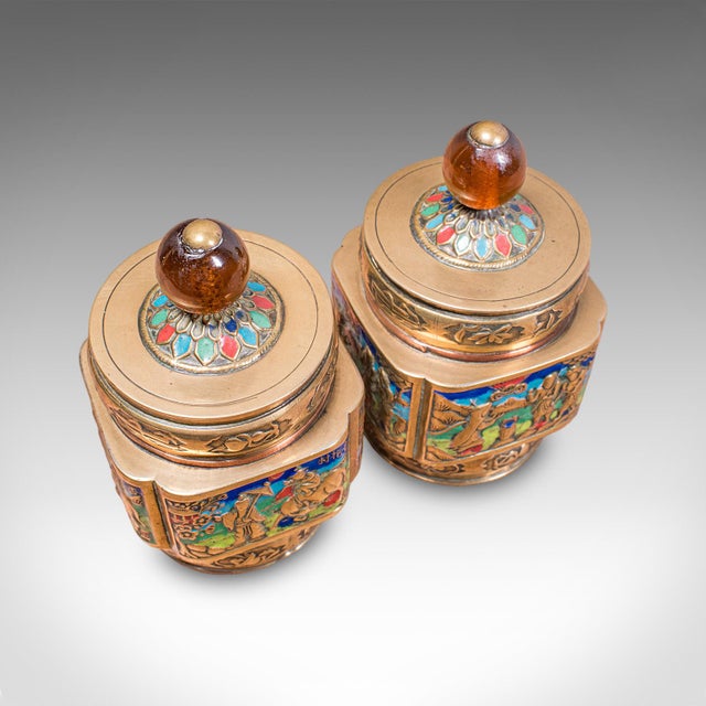 Metal Pair of Small Antique Champleve Tea Caddies, Oriental Spice Pot, Edwardian, 1910 For Sale - Image 7 of 12