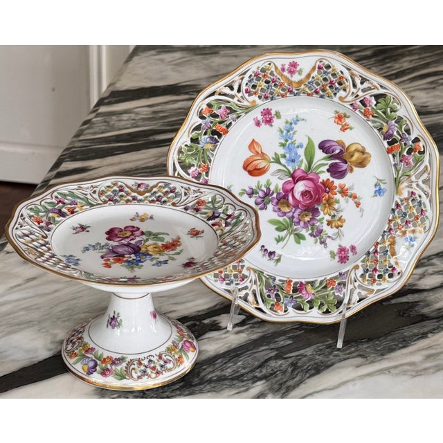 Ceramic LastCHANCE!Vintage Schumann Bavaria Chateau Pattern Compote and Luncheon Plate - A Pair For Sale - Image 7 of 17