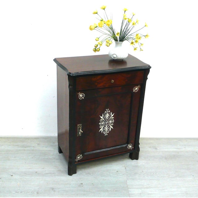 Antique sideboard, hallway cabinet, solid wood with mahogany veneer, 1 door, 1 drawer with cream-colored ornaments and...