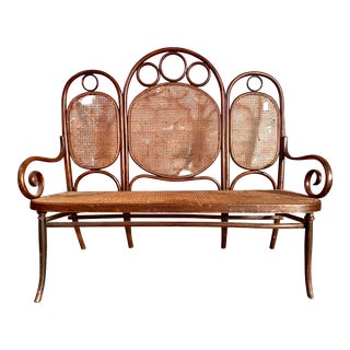Antique Thonet Bentwood Cane Bench For Sale