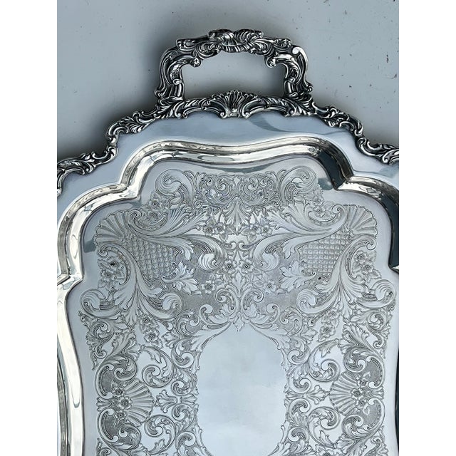 Community Vintage Oversized Footed Silverplate Butler Waiter Tray With Handles 30.5” Palm Beach Regency Tea Service Bar Tray For Sale - Image 4 of 10