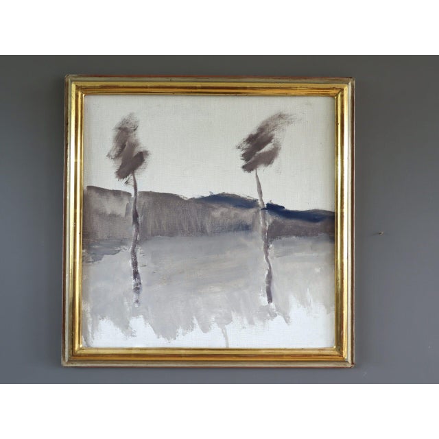 THE QUIET WHISPER OF TREES Size: 17.9 x 17.9 inches (including frame) Oil on canvas A delicate mid-century landscape that...