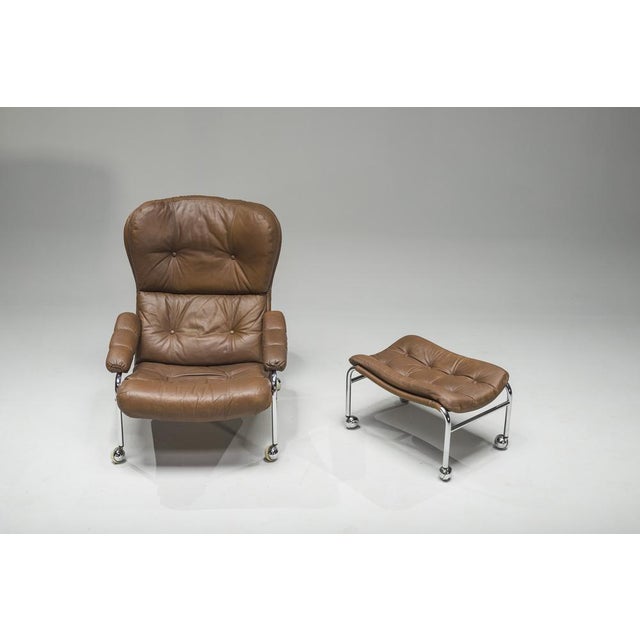Animal Skin Set of Swedish Lounge Chair and Ottoman in Chrome and Brown Leather by Scapa Rydaholm, 1960s For Sale - Image 7 of 18