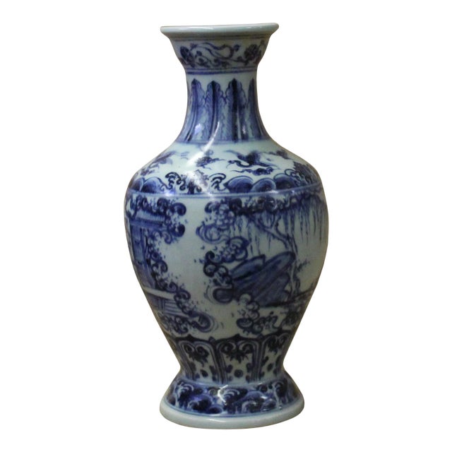 Chinese Blue White Porcelain Precise House Yard Scenery Vase For Sale