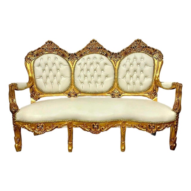 White Leather French Rococo Sofa – Gold Leaf Frame For Sale