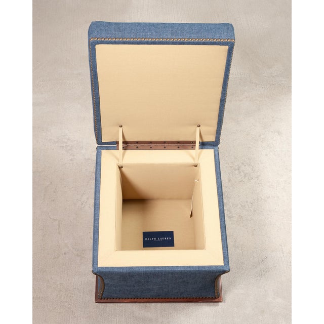 Ralph Lauren 'Florence' Storage Ottoman in Damask Blue Linen For Sale In Sacramento - Image 6 of 18