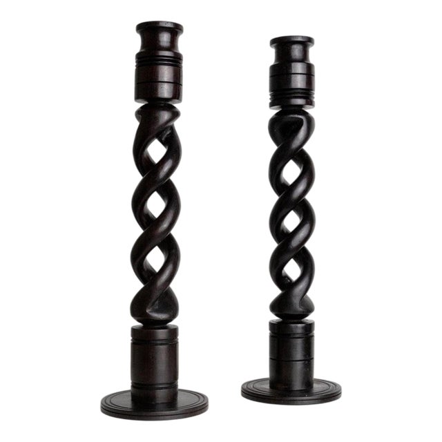 Vintage Candleholders in Dark Wood, 1970s, Set of 2 For Sale