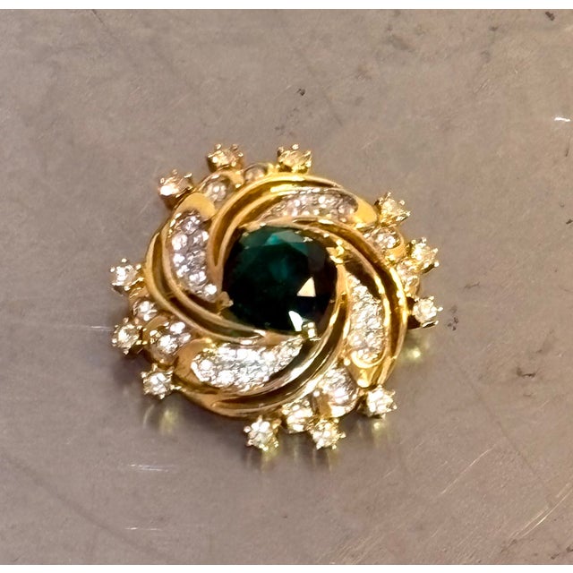Mid-Century Modern Nina Ricci Gold Tone/Green Rhinestone Swirl Brooch For Sale - Image 3 of 5